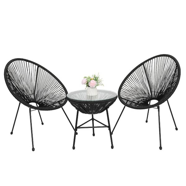 Karl home All Weather Black 3-Piece Wicker Round Table Outdoor Bistro Set