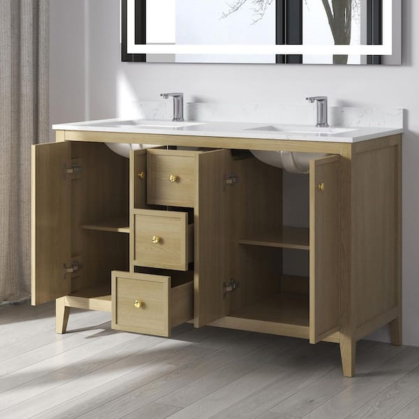 Fluctus 54 in. W x 22 in. D x 35 in. H Double Sink Freestanding Bath Vanity in Oak with Calacatta Cultured Marble Top