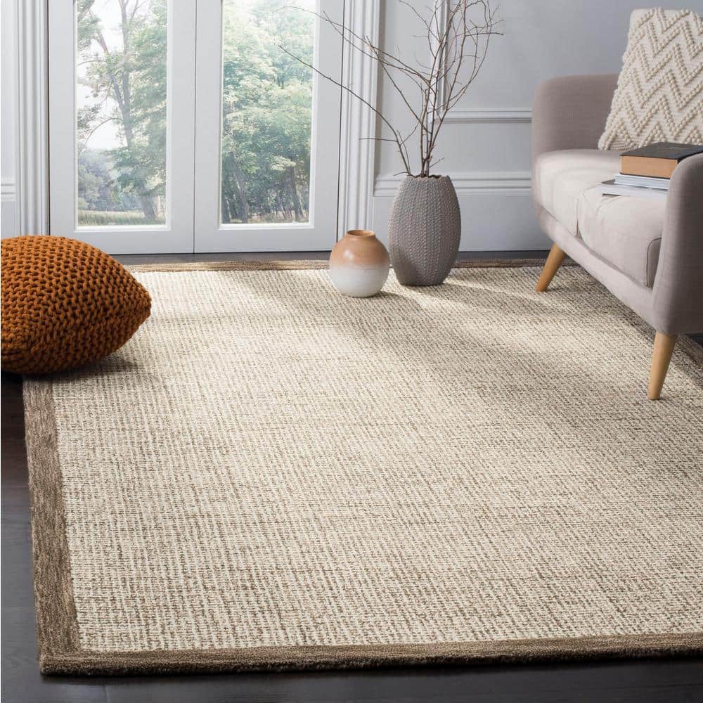 Ivory and Brown Handmade Wool Tufted Square Area Rug