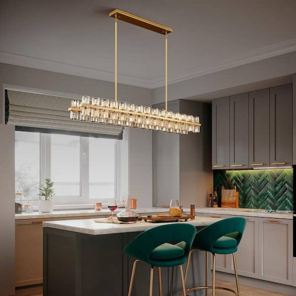60-Light 54 in. Gold Crystal Chandelier Dimmable LED Kitchen Island Rectangle Bedrooms, Living Rooms (Includes Bulbs)