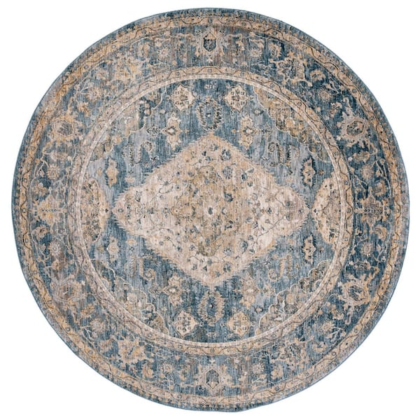 Valencia 6 ft. x 6 ft. Blue/Gold Oriental Border Round Area Rug