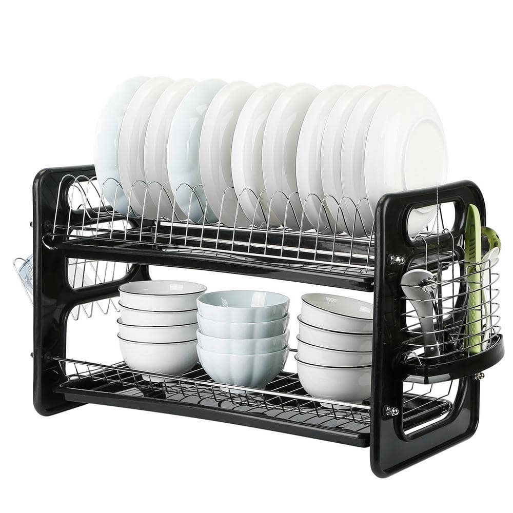 2 Tier Large Dish Drying Rack Drainboard Set for Kitchen Counter, Untyo  Stainless Steel Dish Drainer Rack with Drainer Board with Utensil & Cup  Holder (Black) 