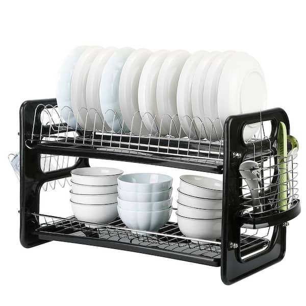 Kogiio 2-Tier Dish Drying Rack with Drainboard, Black Metal Large Capacity  Dish Drainer 