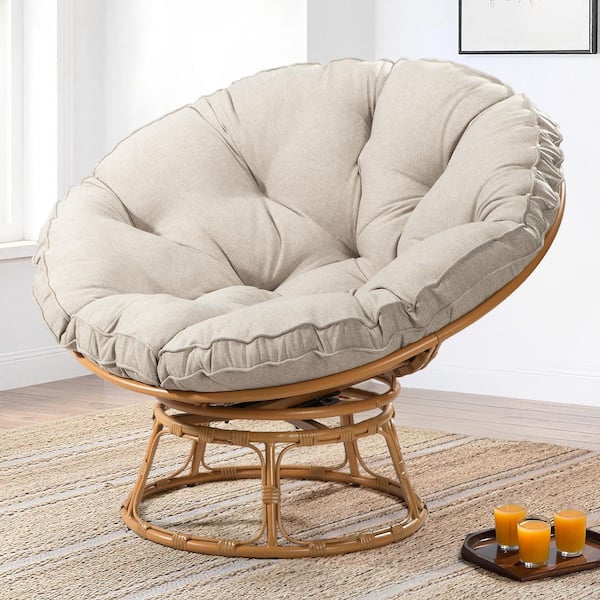 JOYSIDE Wicker Outdoor Patio Swivel Papasan Lounge Chair with Beige Cushion