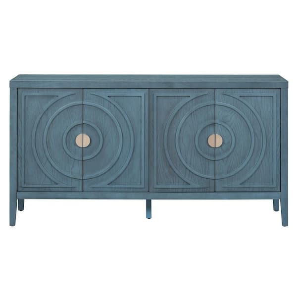 Unbranded 60 in. W x 15.9 in. D x 32.1 in. H Antique Blue Linen Cabinet with Circular Groove Design Round Metal Door Handle