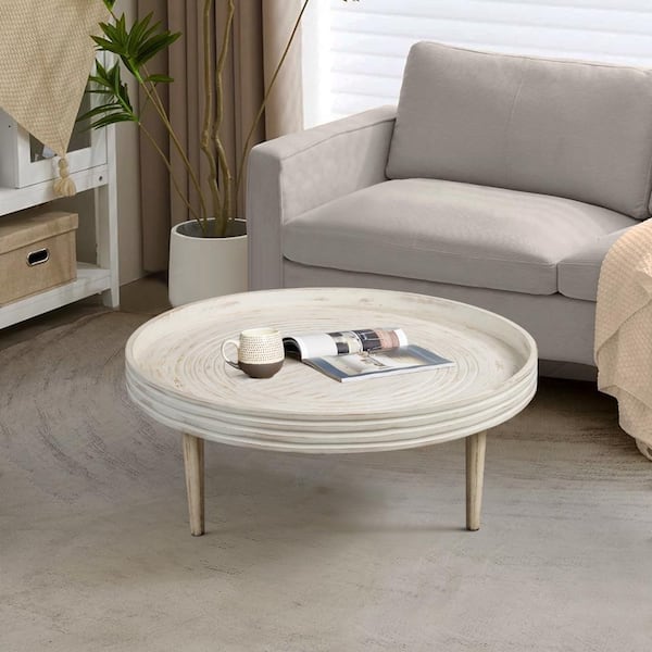 33 in. Distressed White Round Wood Coffee Table with Grooved Raised Edge