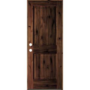 30 in. x 80 in. Rustic Knotty Alder Square Top V-Grooved Red Mahogony Stain Right-Hand Wood Single Prehung Front Door