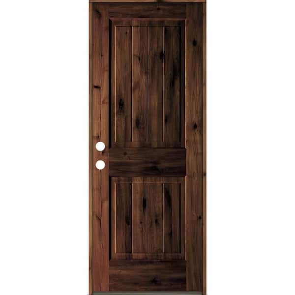 Krosswood Doors 30 in. x 80 in. Rustic Knotty Alder Square Top V-Grooved Red Mahogony Stain Right-Hand Wood Single Prehung Front Door