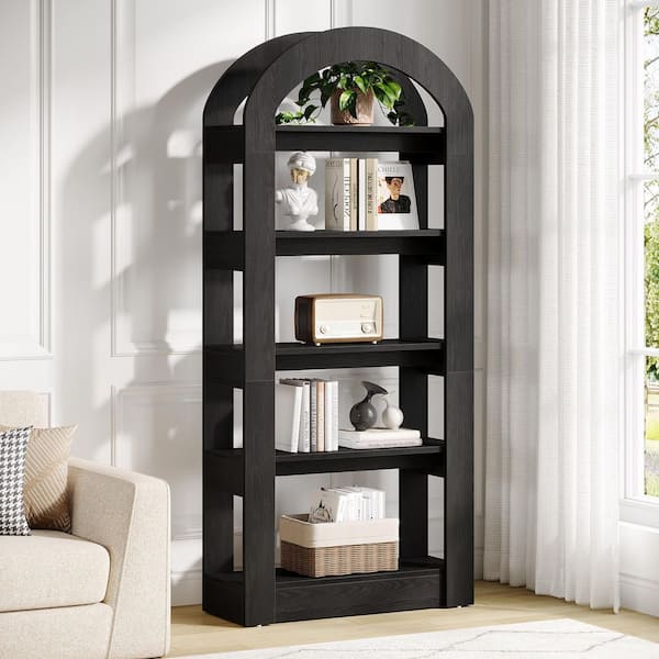 Eulas 70.8 in. Tall Black Engineered Wood 5-Shelf Arched Bookcase Bookshelf for Home Office Living Room
