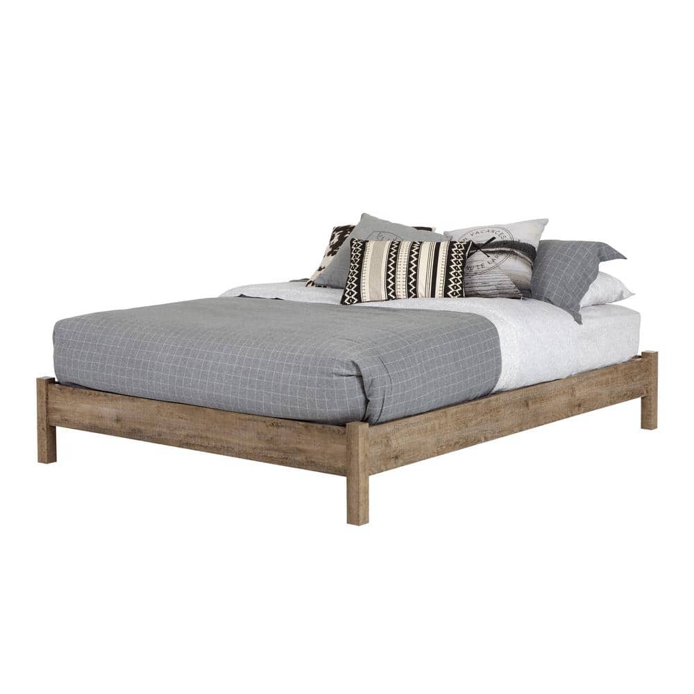 Weathered Oak Queen Platform Bed with Upholstered Headboard