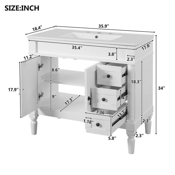 JUJABU 36 in. White Bath Vanity with Ceramic Top Sink 3-Drawers