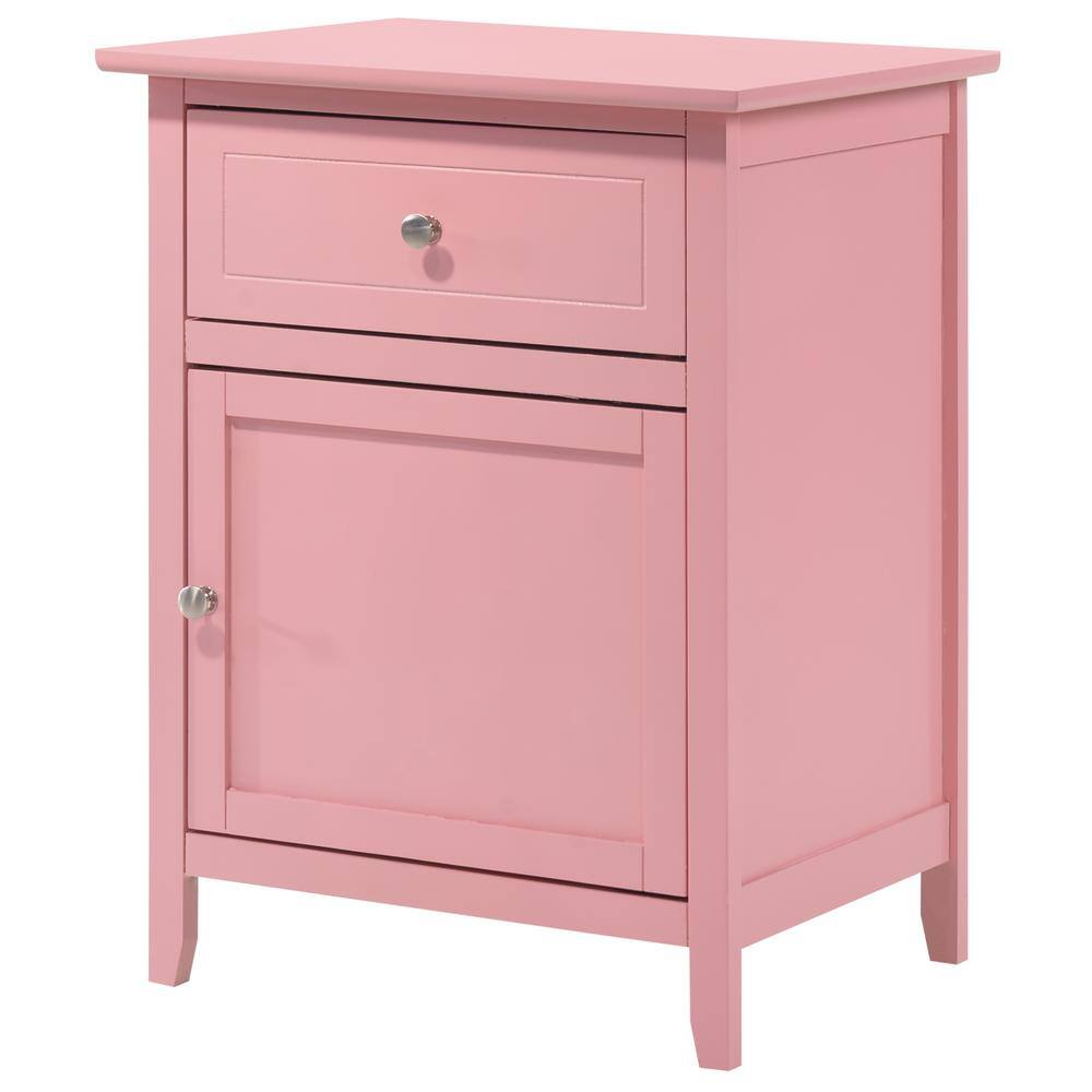 Pink Solid Wood 1-Drawer Nightstand with Door