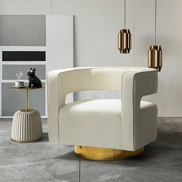 JAYDEN CREATION Bettina Contemporary Ivory Velvet Comfy Swivel Barrel Chair with Open Back and Metal Base