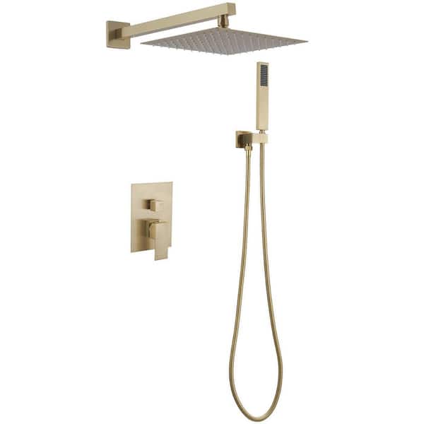 BWE Luxurious Single Handle 2-Spray 12 in. Wall Mount Square Shower Head with Hand Shower Faucet in Brushed Gold