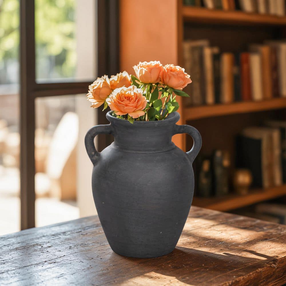 Liv & Skye 9 in. Black Ceramic With Handles Decorative Vase 18251