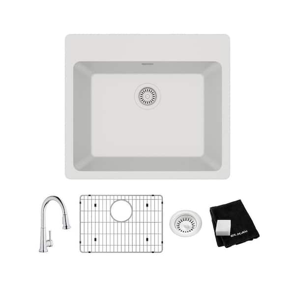Elkay Quartz Classic White Quartz 25 in. Single Bowl Drop-In Kitchen Sink with Faucet, Bottom Grid and Drain