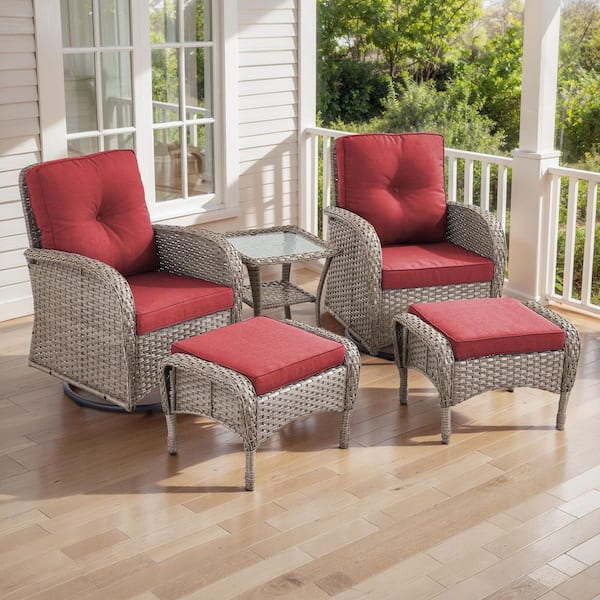 PlainCurve 5-Piece Gray Wicker Patio Conversation Set with Swivel Glider Chairs and  Olefin Red Cushions