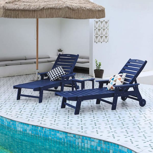 Unbranded Navy Blue 3-Piece Outdoor Chaise Lounge Chair With Side Table, Adjustable Pool Lounge Chair with 5 Positions Backrest
