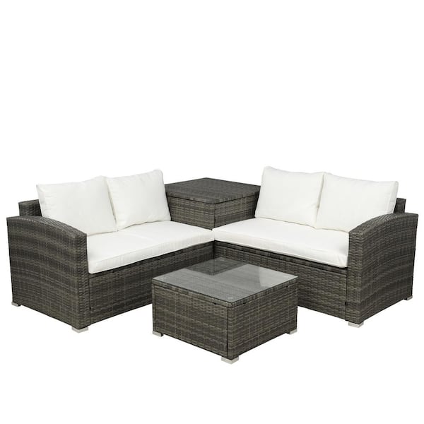 Utopia 4niture Fhrea 4-Piece Wicker Outdoor Sectional Set with Beige Cushions