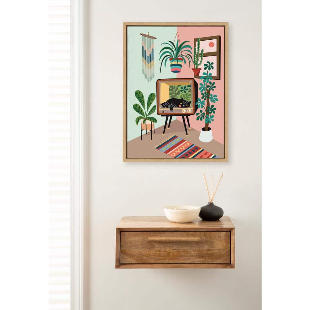Natural Framed Canvas Print with Cat in TV, 18x24
