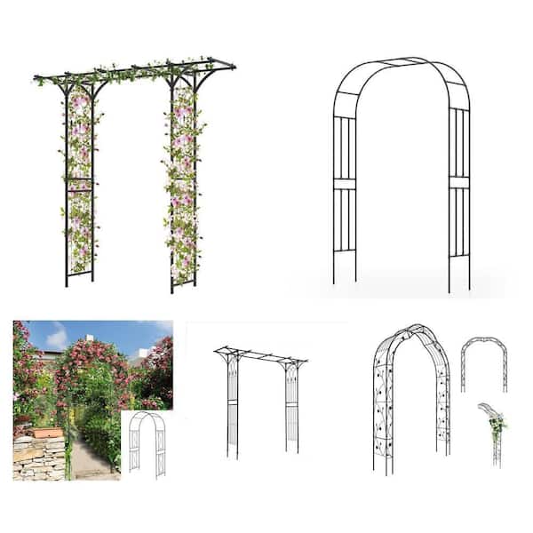 Metal Garden Arch Arbor Trellis Combo (87-99 in.) for Climbing Plants