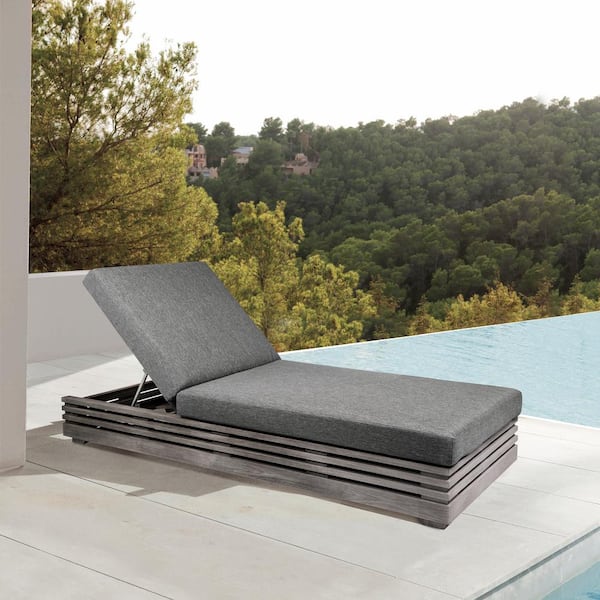 Armen Living Vivid Light Gray Eucalyptus Wood Outdoor Chaise Lounge with Light Gray with Cushions