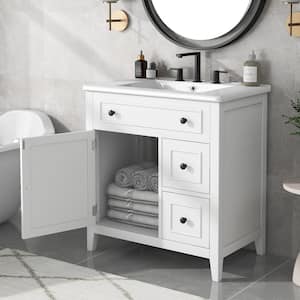 30 in. W Freestanding Bath Vanity in White with White Ceramic Top, 30 in. Bathroom Vanity with Sink Top