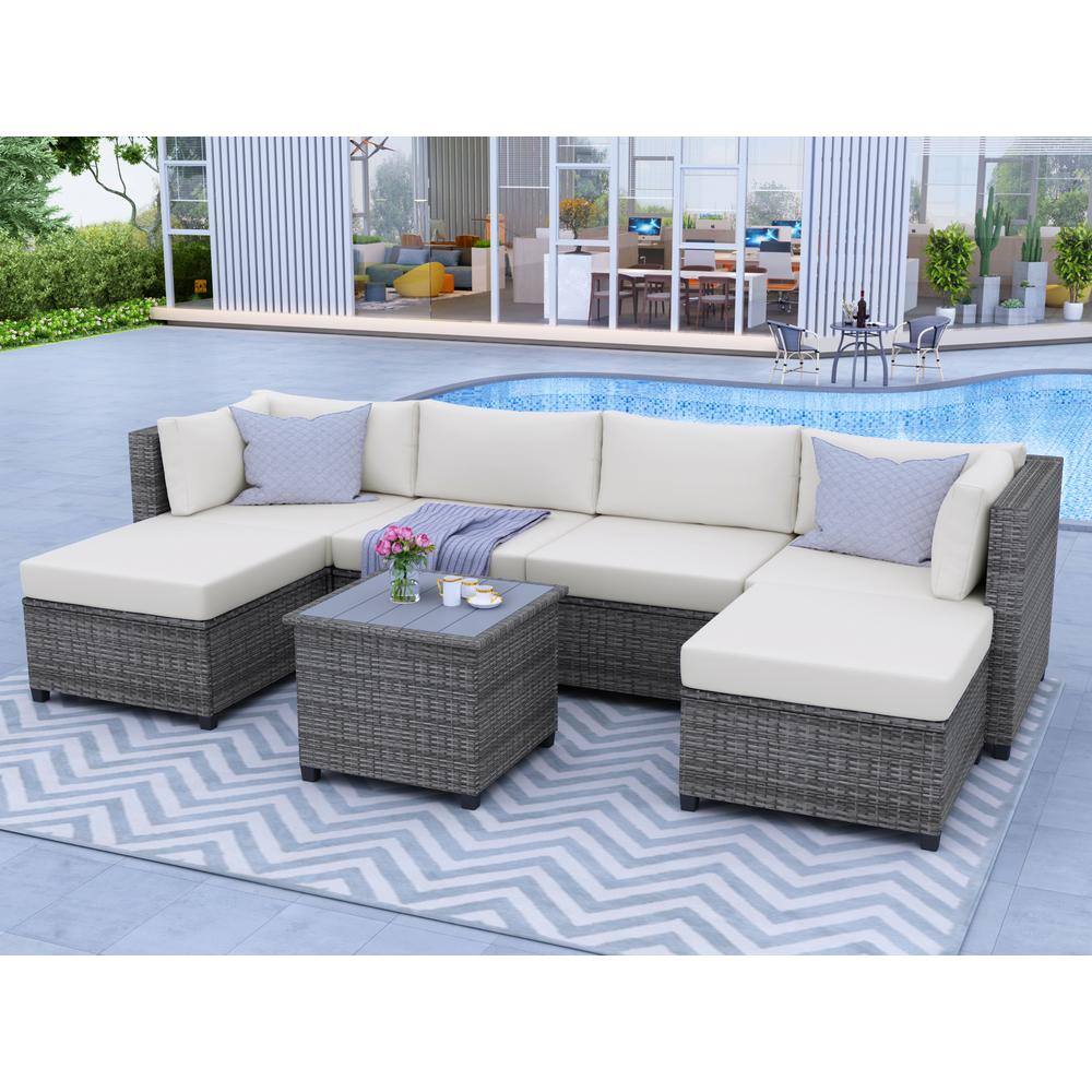 7-Piece Gray Wicker Outdoor Rattan Sectional Seating Group with Beige Cushions and Table price history on PriceWatchPro