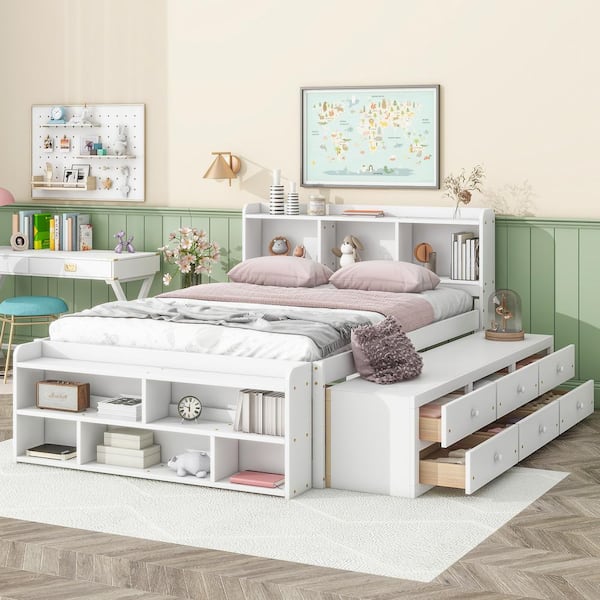 Harper & Bright Designs White Wood Frame Full Size Platform Bed with ...