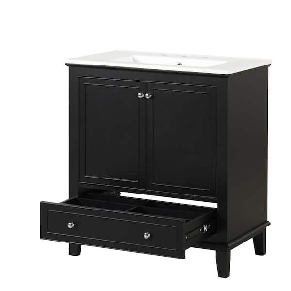 30 in. W x 18 in. D x 34 in. H Single Sink Freestanding Bath Vanity in Black with White Ceramic Top
