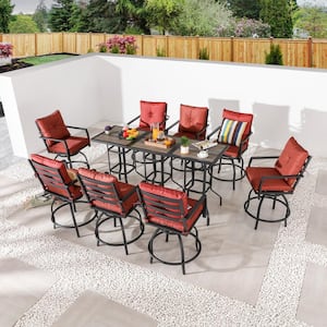 11-Piece Metal Bar Height Outdoor Dining Set with Red Cushions