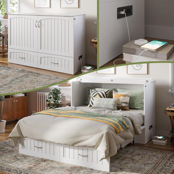 AFI Southampton Full White Murphy Bed Chest with Memory Foam Folding Mattress Built-in Charging Station and Storage Drawer