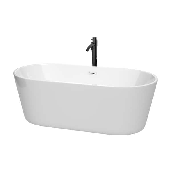 Wyndham Collection Carissa 67 in. Acrylic Flatbottom Bathtub in White with Shiny White Trim and Matte Black Faucet