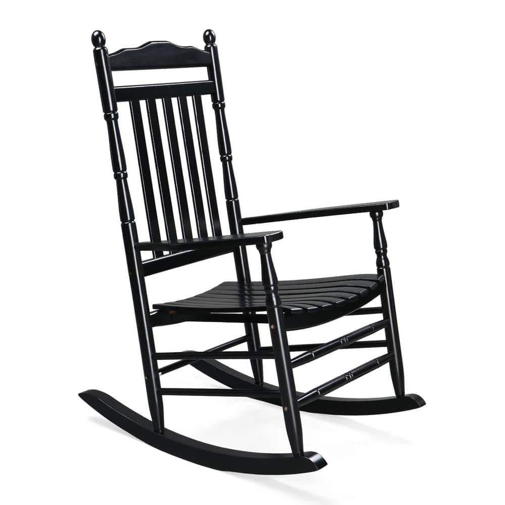 Wood Outdoor Rocking Chair with High Back Seat Reclining Seat for Deck, Garden, Backyard, Porch, Black