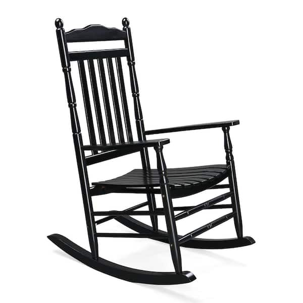 Wood Outdoor Rocking Chair with High Back Seat Reclining Seat for Deck, Garden, Backyard, Porch, Black