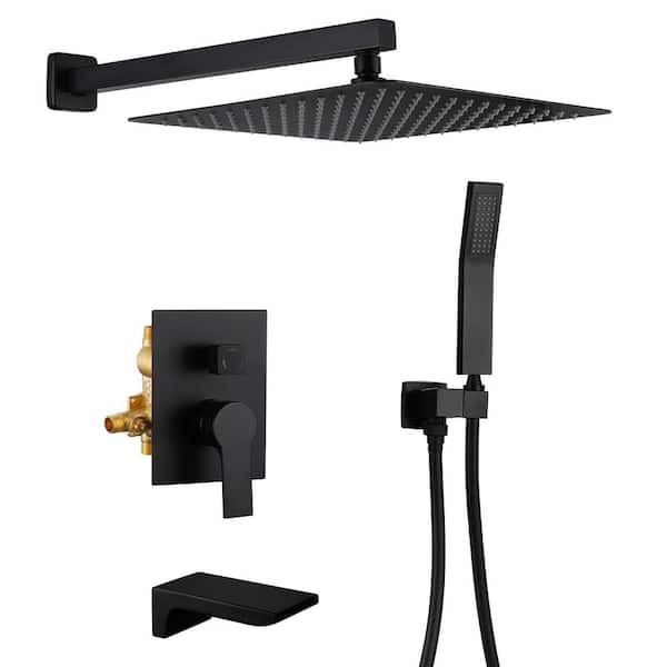FLG Single-Handle 1-Spray Tub and Shower Faucet with 12 in. Shower Head and Hand Shower in Matte Black (Valve Included)