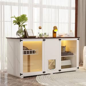 Wooden Cat Litter Box Enclosure Furniture with Scratching Post and Light, Large Cat Litter Box Furniture Hidden in White