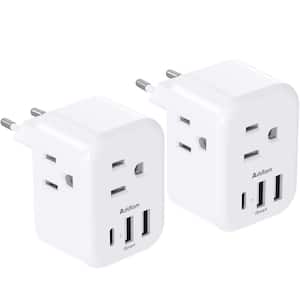 10 Amp. European International Grounded Plug Travel Adapter Type C with 3 Outlets 3 USB Ports 1 USB C (2-Pack)