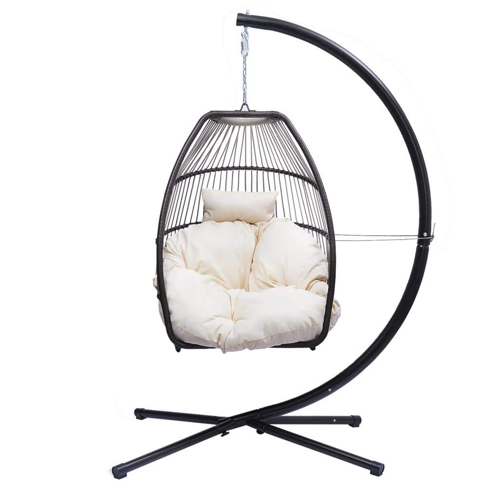 1-Person Black Metal Frame Patio Swing with Brown Rattan Basket and Beige C
