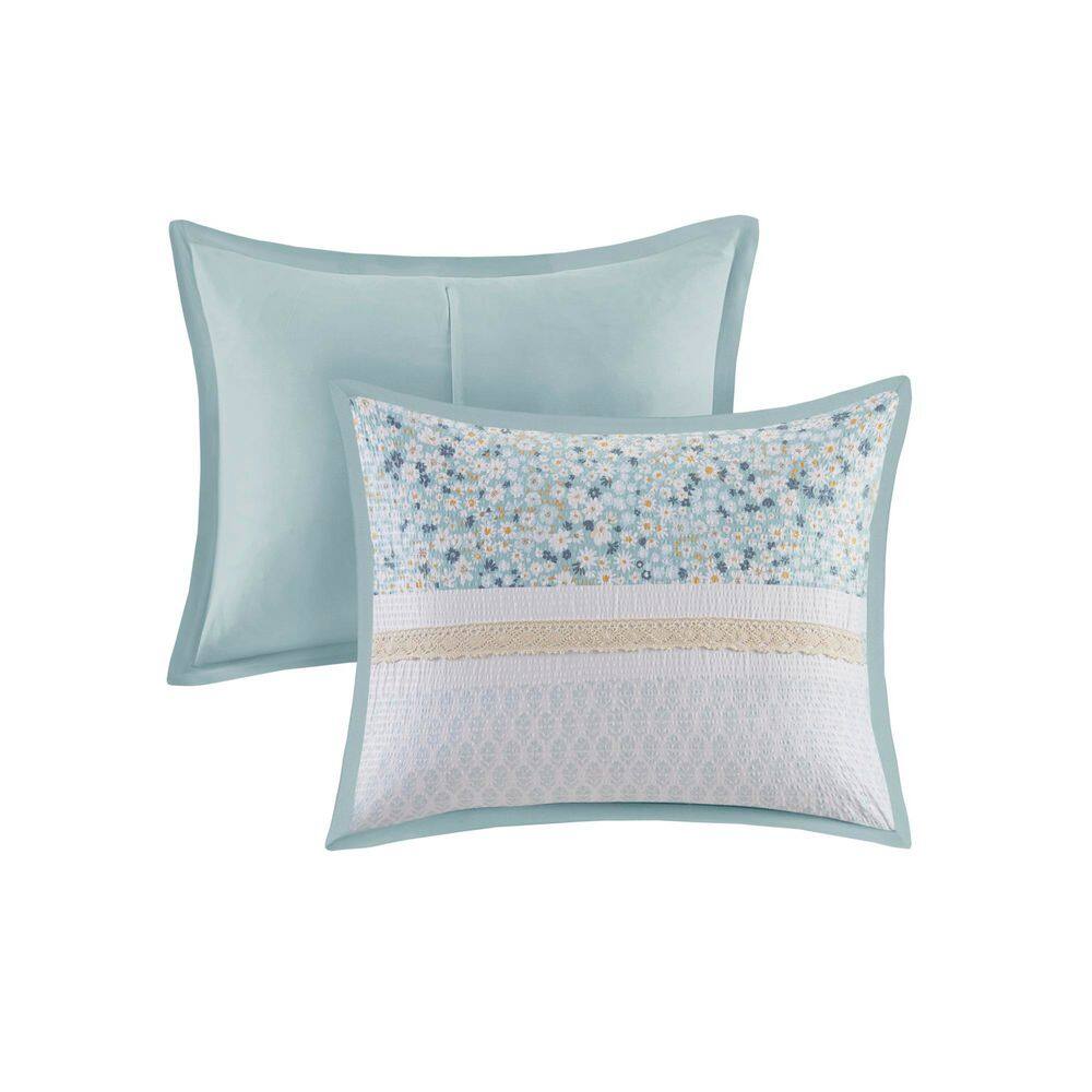 Aqua Seersucker Floral Full Comforter Set with Throw Pillows