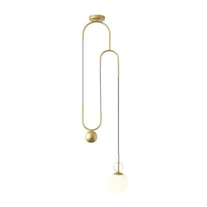 25-Watt 1-Light Brass Mid-Century Modern Lifting Pendant Light with Frosted Glass Shade and No Bulbs Included