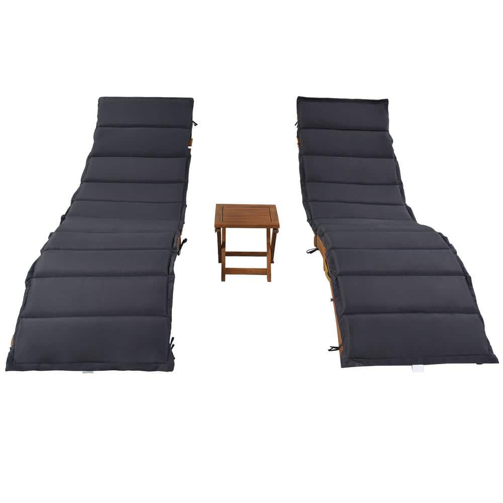 Brown Wood Portable Outdoor Extended Chaise Lounge with Foldable Tea Table,