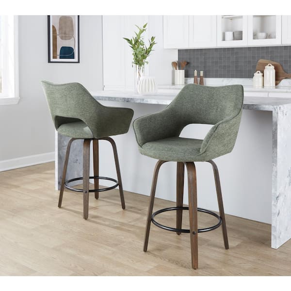 Mustang 26.5 in. Green Fabric, Walnut Glazed Wood and Black Metal Fixed-Height Counter Stool (Set of 2)
