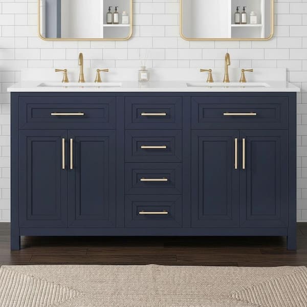 Beaufort 60 in. Double Sink Midnight Blue Bath Vanity with White Engineered Stone Top (Assembled)