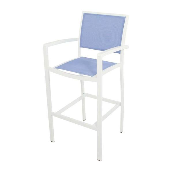 POLYWOOD Bayline Satin White All-Weather Aluminum/Plastic Outdoor Bar Arm Chair in Poolside Sling