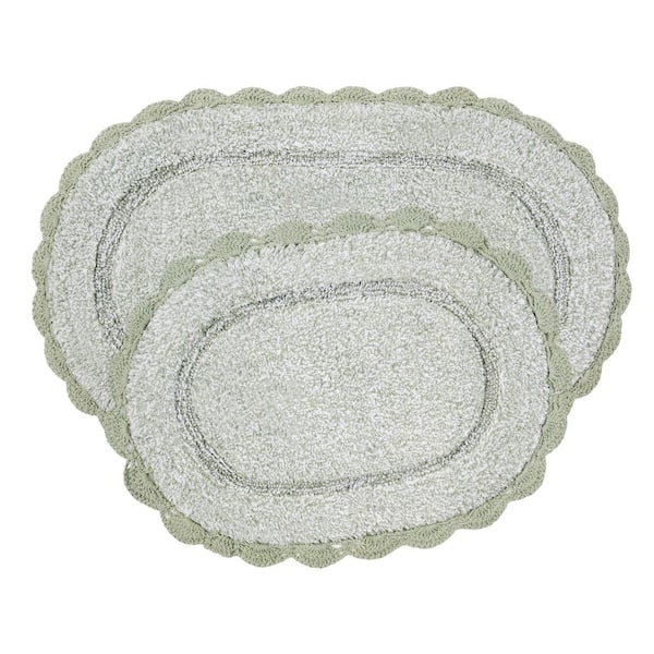 Eloise Crochet Border 17in. x 24in. and 20in. x 32in. Green Solid Cotton 2-Piece Oval Bath Mat Set
