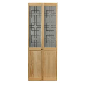 23.5 in. x 78.65 in. Geometric Glass Over Raised 1/2-Lite Decorative Panel Pine Wood Interior Bi-fold Door