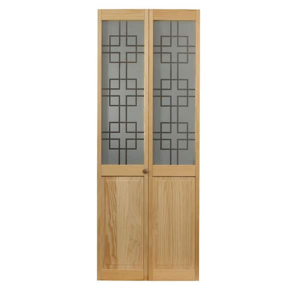 Pinecroft 23.5 in. x 78.65 in. Geometric Glass Over Raised 1/2-Lite Decorative Panel Pine Wood Interior Bi-fold Door