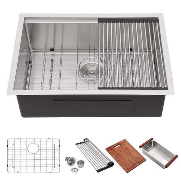28 in. Undermount Single Bowl 16-Gauge Brushed Nickel Stainless Steel Workstation Kitchen Sink with Cutting Board
