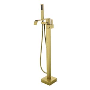 Single-Handle Floor Mount Freestanding Tub Faucet with Hand Shower in Brushed Gold